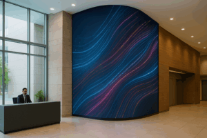 pantalla LED flexible en lobby corporativo México