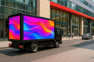 camión con pantalla LED frente a centro comercial México