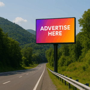 Fotografía realista nocturna de una pantalla digital LED encendida en la carretera de México, mostrando un anuncio vibrante mientras autos circulan con sus luces encendidas.