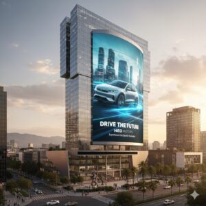 pantalla LED gigante iluminando fachada en México