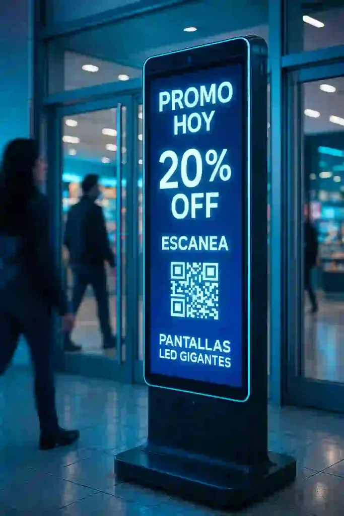 tótem LED vertical en acceso de tienda
