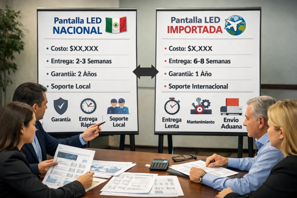 pantallas LED gigantes nacionales vs importadas comparadas en precio y soporte
