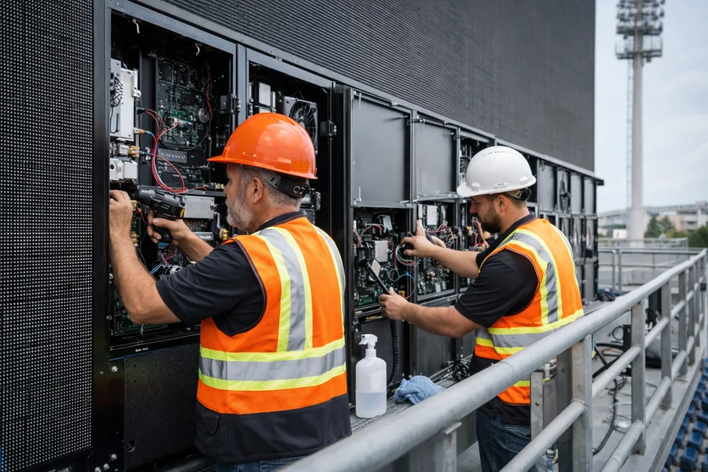 mantenimiento preventivo de video marcador LED en estadio