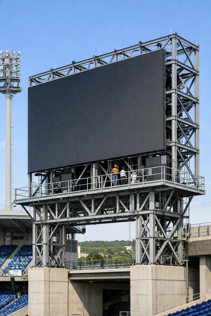 pantallas LED gigantes para estadios con estructura metálica y montaje profesional