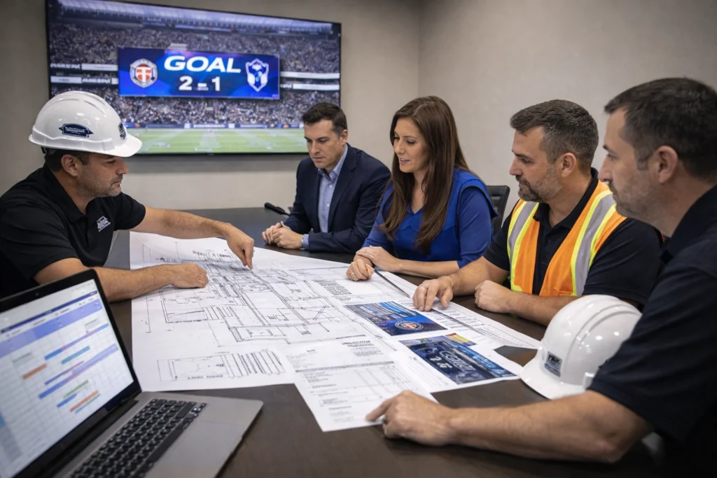 equipo técnico revisando proyecto de pantalla monumental deportiva