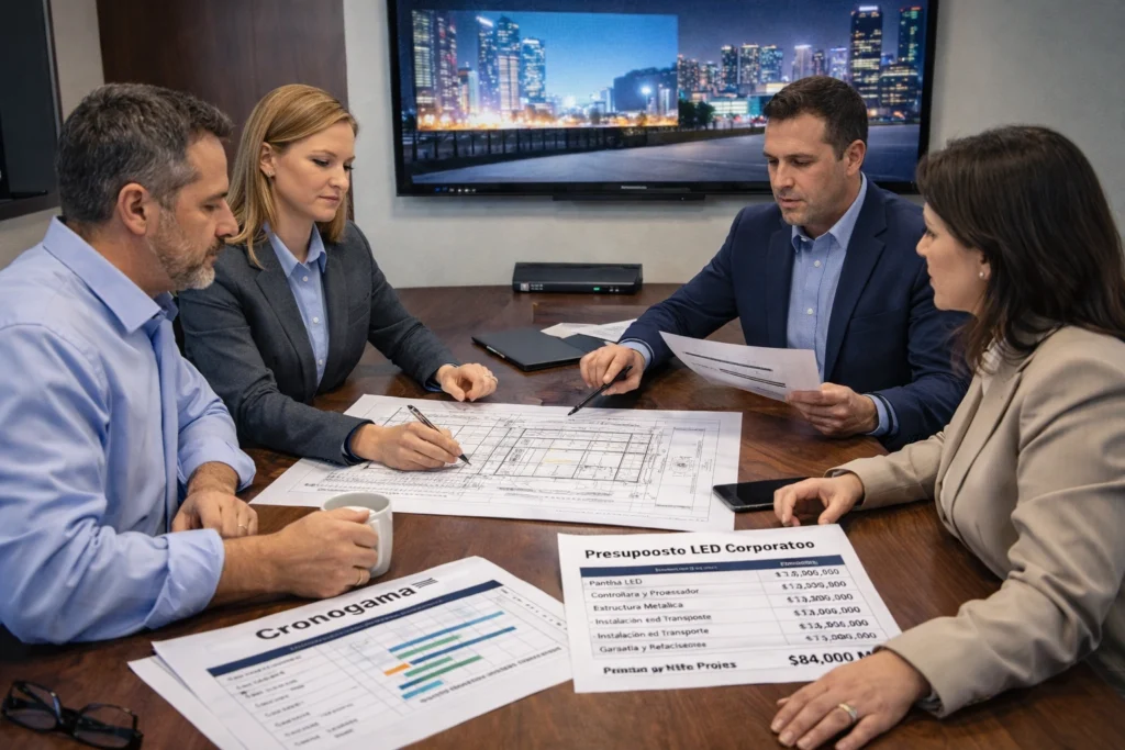 equipo empresarial revisando proyecto de pantalla LED gigante en sala de juntas