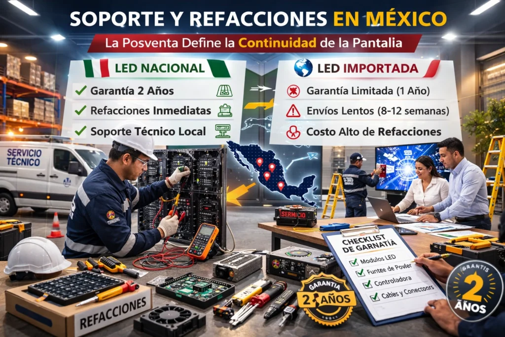 soporte técnico y refacciones para pantallas LED gigantes nacionales vs importadas en México