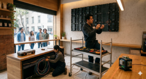 instalacion pantalla LED negocio pequeno interior tecnico Mexico