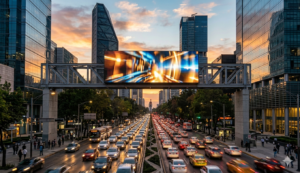 Pantalla LED gigante en avenida corporativa de alto impacto