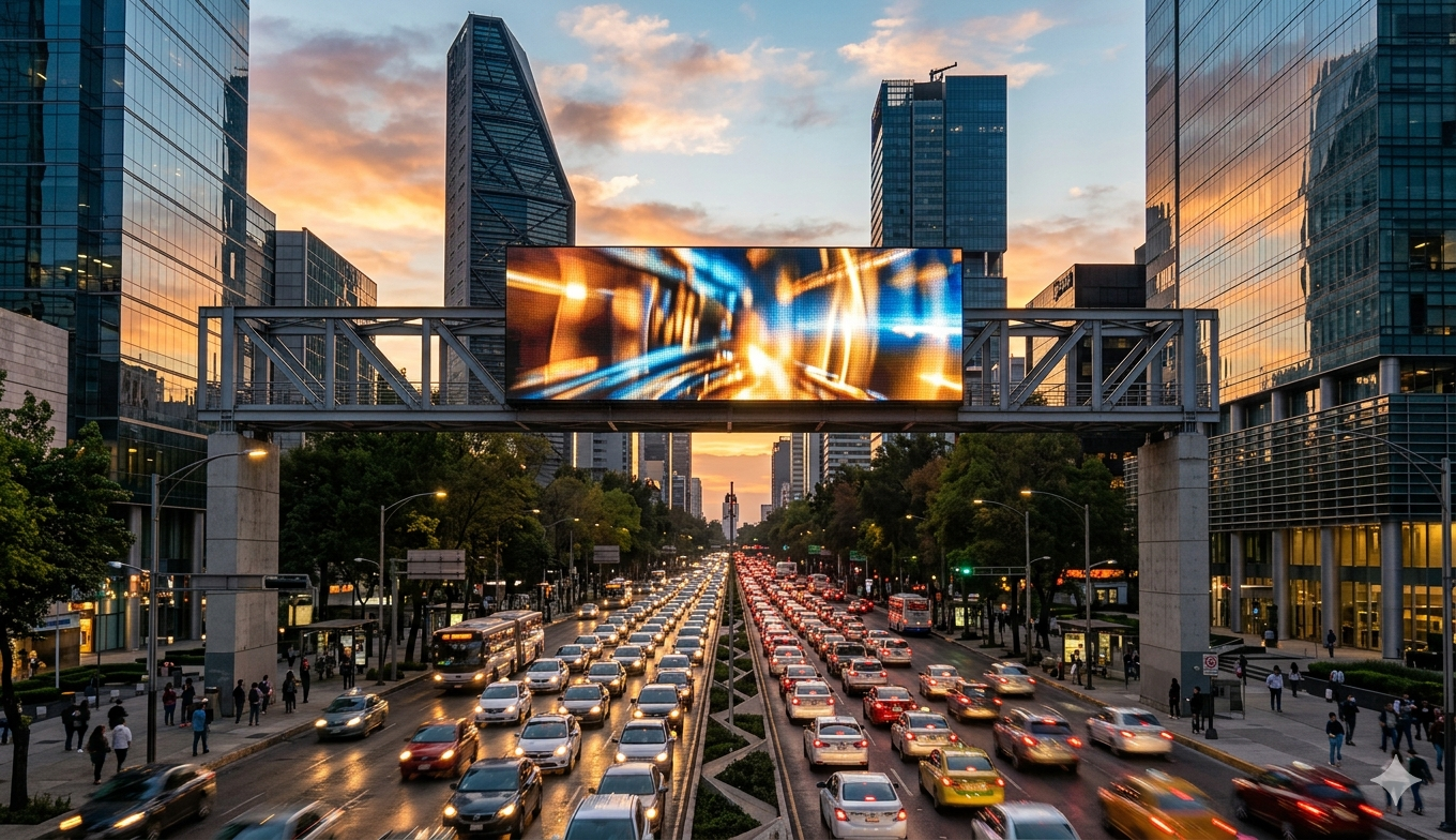 Pantalla LED gigante en avenida corporativa de alto impacto