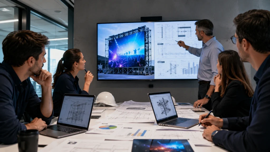equipo evaluando proyecto técnico de pantalla LED gigante para empresa