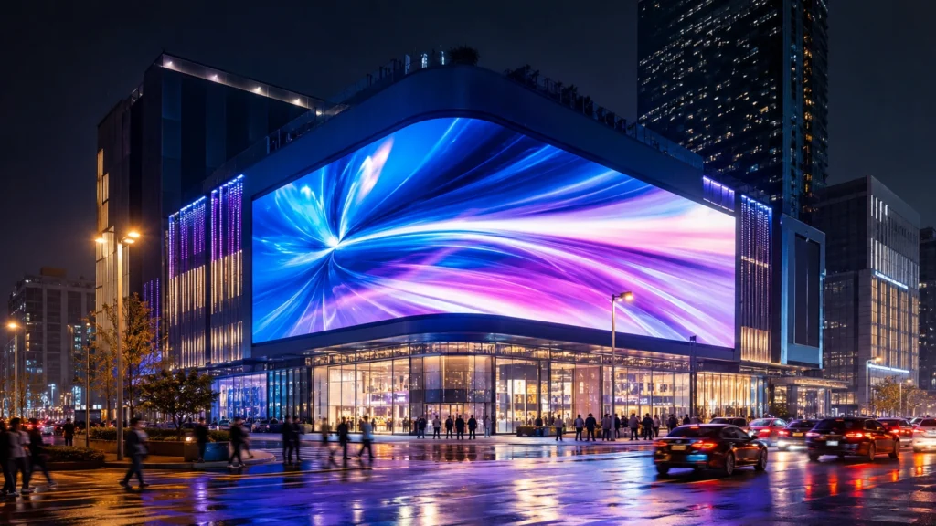pantalla LED gigante instalada en fachada comercial para publicidad exterior