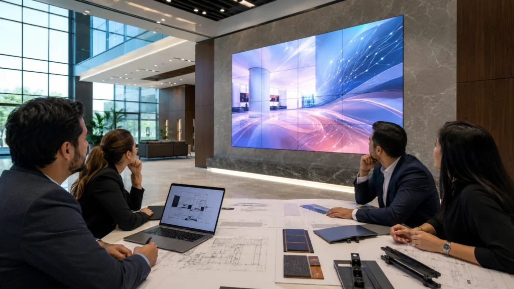 HPMLED para proyectos corporativos con pantalla LED en oficina moderna