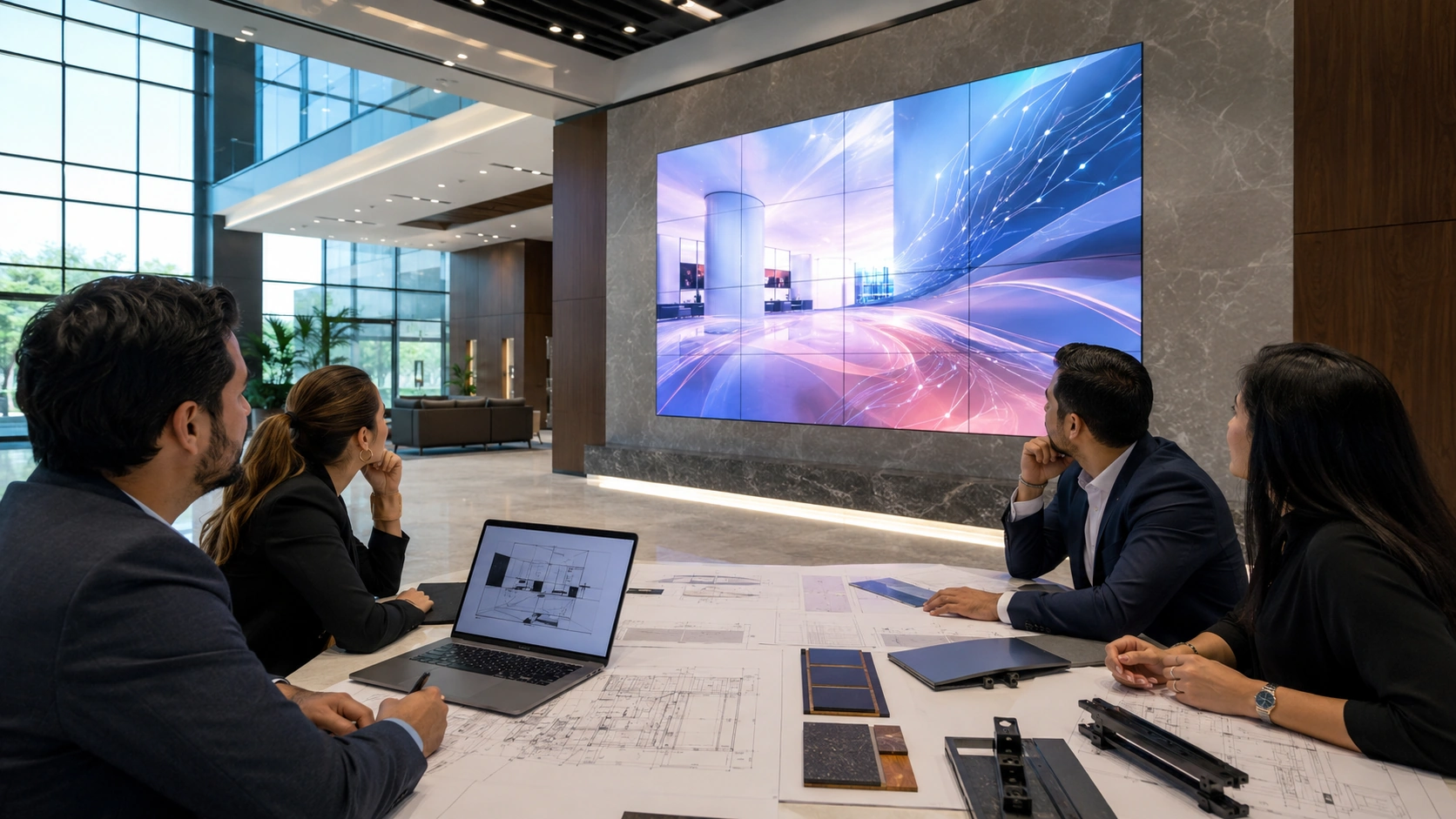HPMLED para proyectos corporativos con pantalla LED en oficina moderna