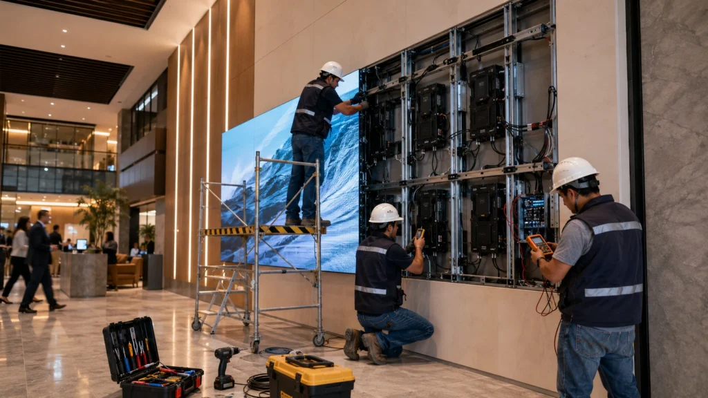 instalación y estructura de pantalla LED para proyecto corporativo